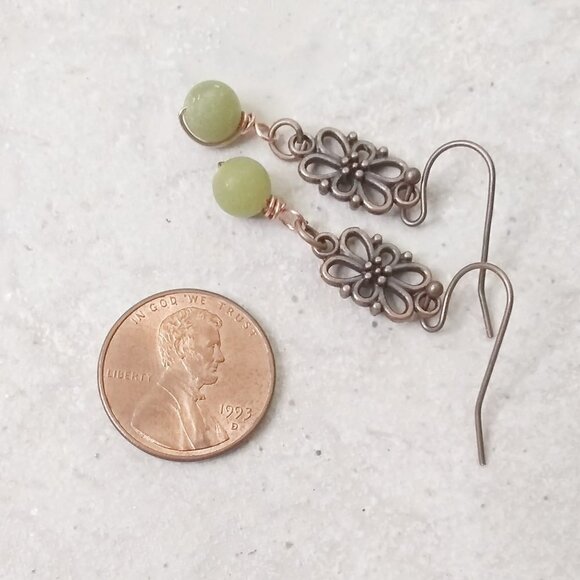 Adjustable Bracelet & Earring SET! Pale Green + Ecru + Copper Beaded Jewelry - Picture 2 of 9